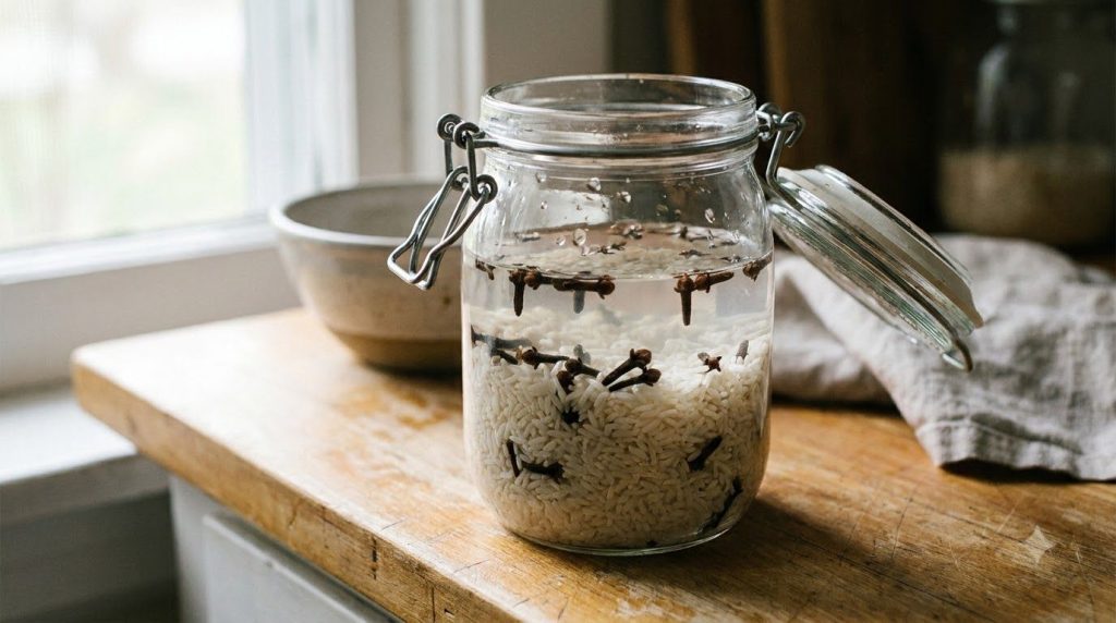 A close-up of a glass jar containing uncooked rice and whole cloves submerged in water sitting on a kitchen counter read