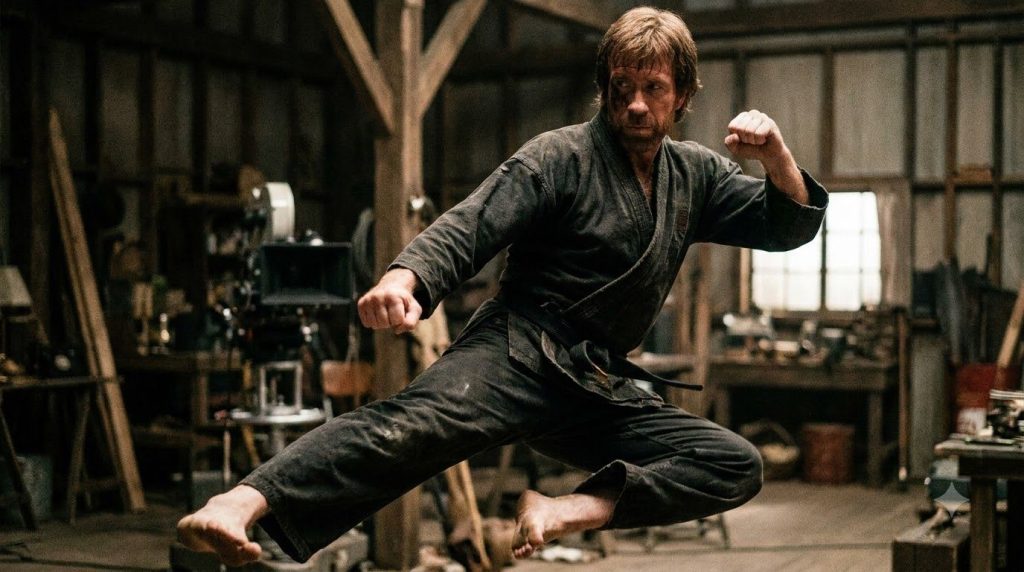 Chuck Norris in a classic action pose possibly from his Walker Texas Ranger days showing his characteristic martial arts