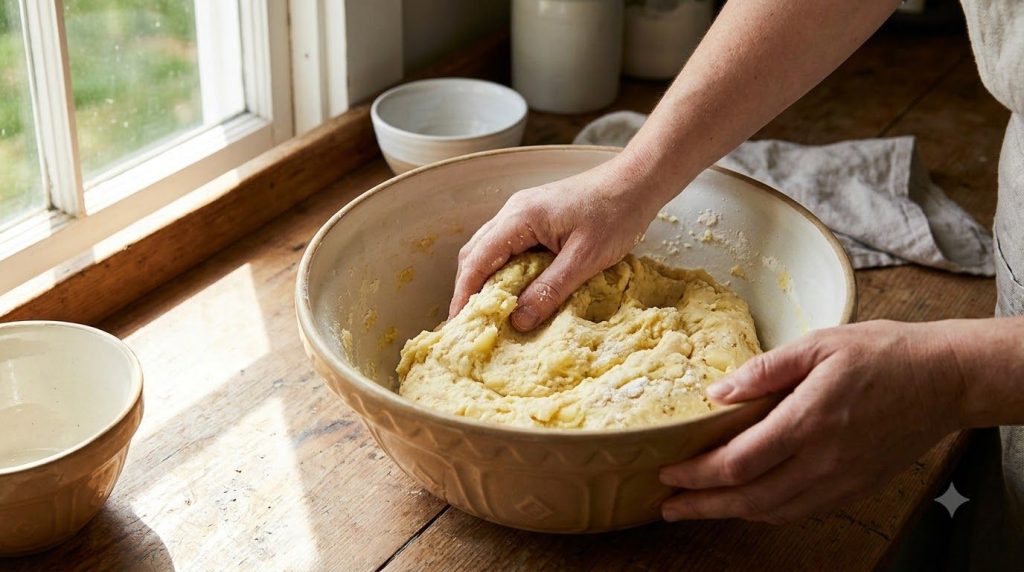Mixing flourless potato bun dough