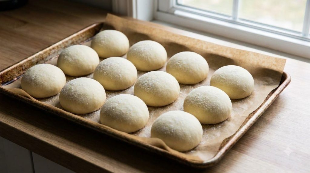 Shaped flourless potato buns on a baking sheet