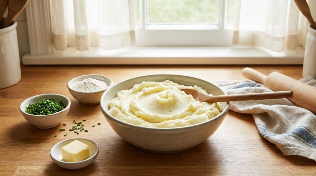A bowl of perfectly mashed potatoes light and fluffy ready to be mixed with other ingredients for the buns