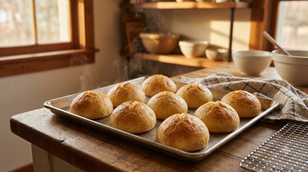 A baking sheet with several shaped flourless potato buns golden and ready to be removed from the oven