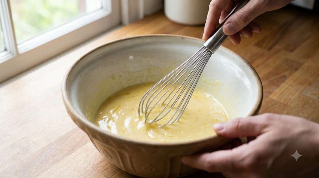 Mixing wet ingredients for apple oatmeal cake