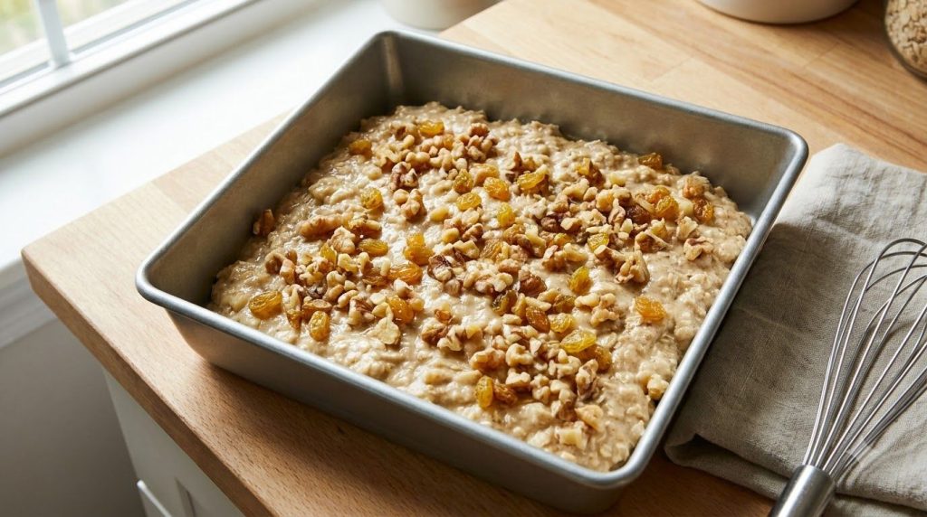 Apple oatmeal cake batter in a baking pan topped with walnuts and raisins