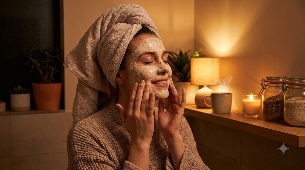 A woman gently applying a homemade face mask to her clean skin at night in a cozy bathroom setting Her skin looks health