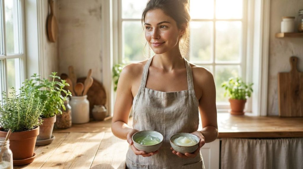 Una mujer joven con piel luminosa sonriendo y sosteniendo pequeños cuencos de vaselina y aloe vera en un entorno luminos