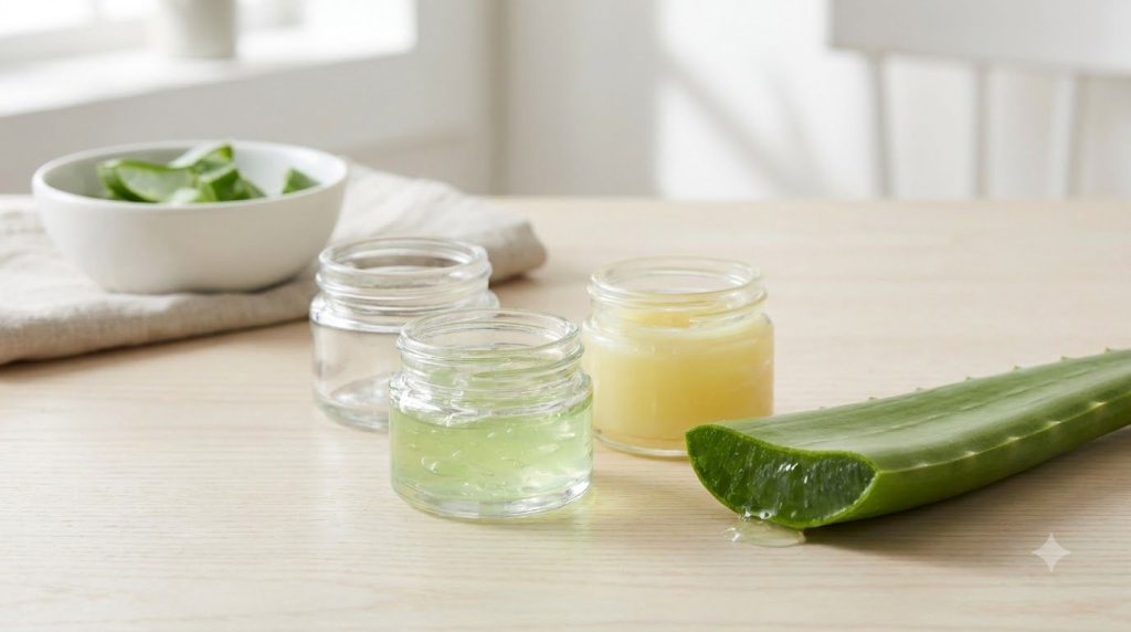 Pequeños recipientes con vaselina y gel de aloe vera junto a una hoja fresca de aloe sobre una superficie de madera clar