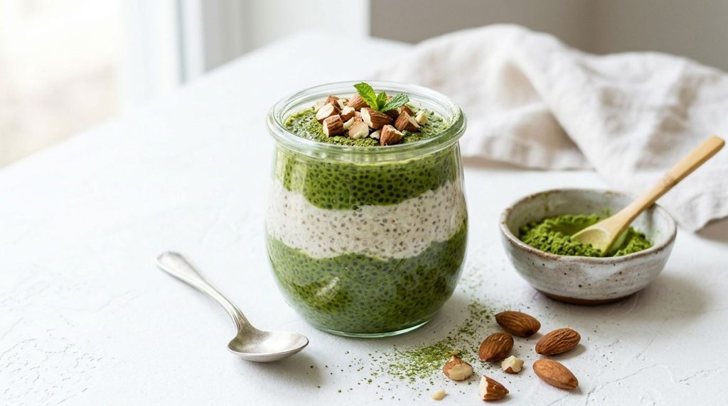 A single beautifully layered matcha almond chia pudding in a clear glass jar with a small bowl of green matcha powder an