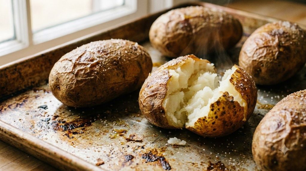 Close-up of perfectly baked Russet potatoes showing slightly crispy skins and a fluffy interior ready to be loaded