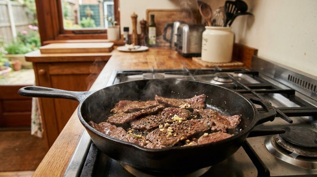 Thinly sliced beef cooking in a hot skillet searing quickly and browning on the edges with seasonings visible