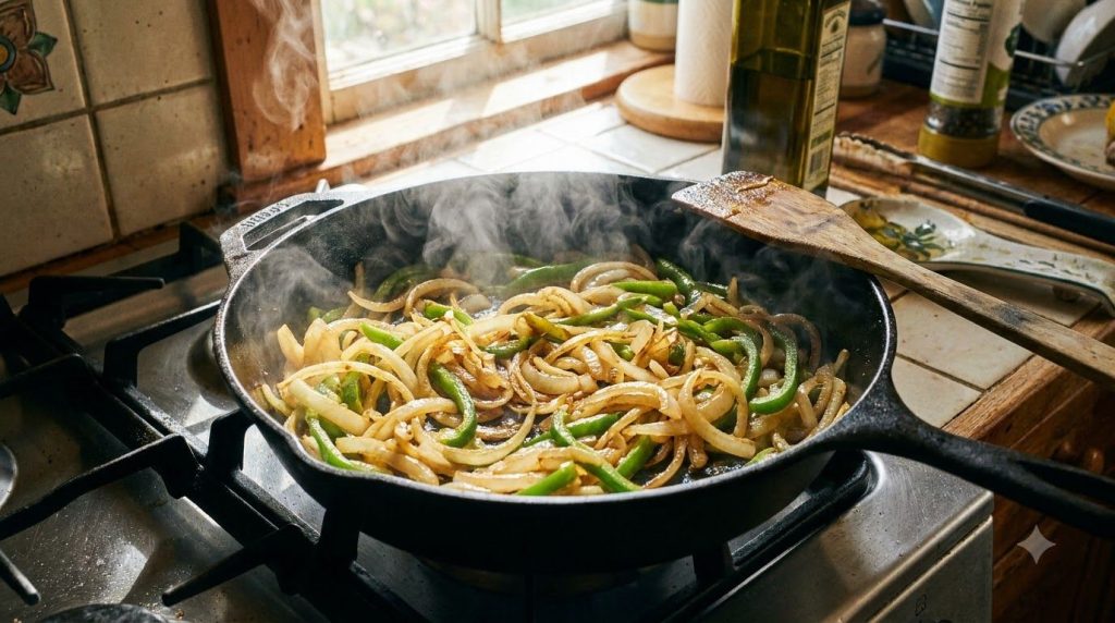 A large skillet with thinly sliced onions and green bell peppers sautéing until softened and slightly caramelized