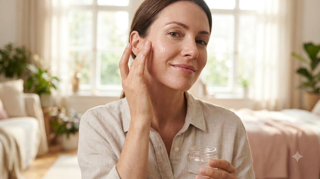 A woman gently applying a small amount of the Vaseline and Vitamin E mixture to her face showing smooth radiant skin