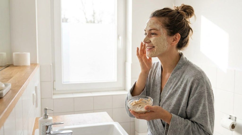 A woman gently applying a DIY face mask to her clean skin with a glowing and radiant complexion visible in a bathroom se