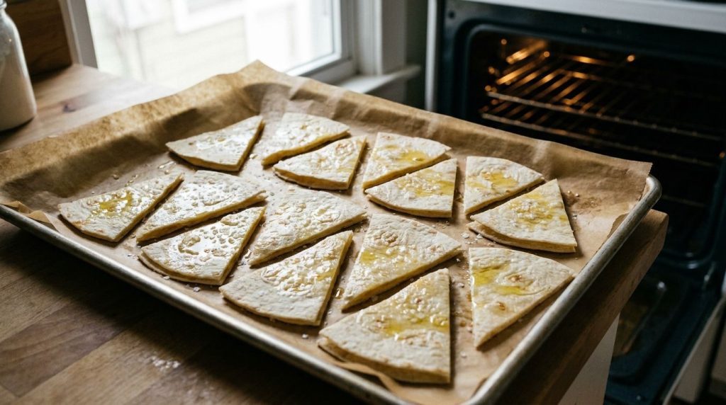Tortilla wedges tossed with oil and salt spread in a single layer on a baking sheet