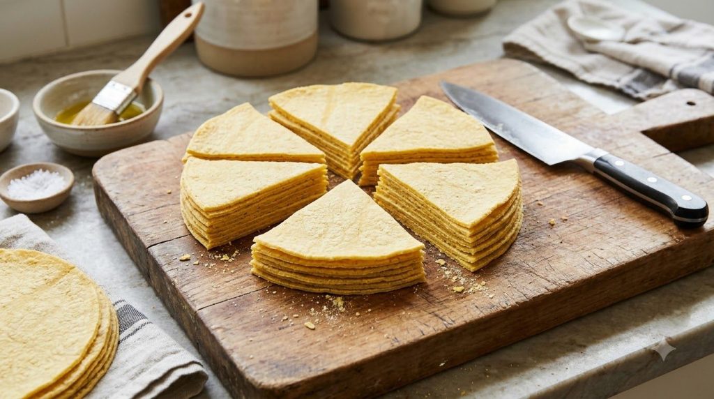 Corn tortillas stacked and cut into neat wedges on a cutting board