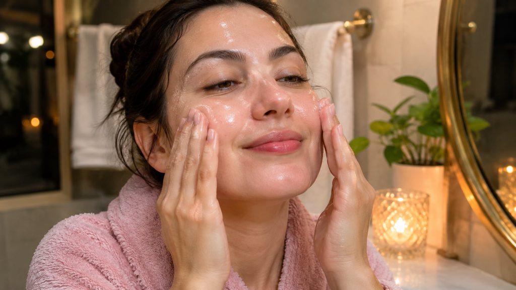 A woman gently massaging a few drops of homemade oil onto her clean face at night with a soft warm glow from ambient lig