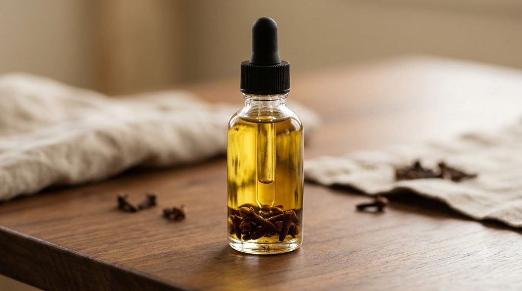 A small clear glass bottle filled with a golden yellow infused oil with a few whole cloves settled at the bottom placed 