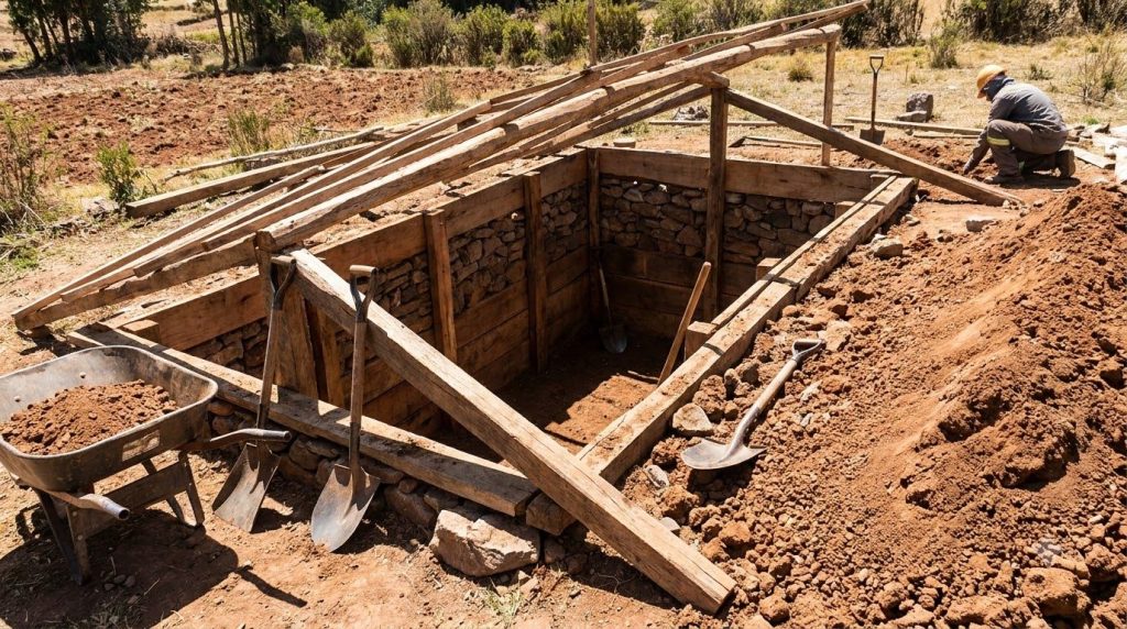 A partially constructed Walipini greenhouse showing a deep pit with retaining walls built along the sides Lumber framing