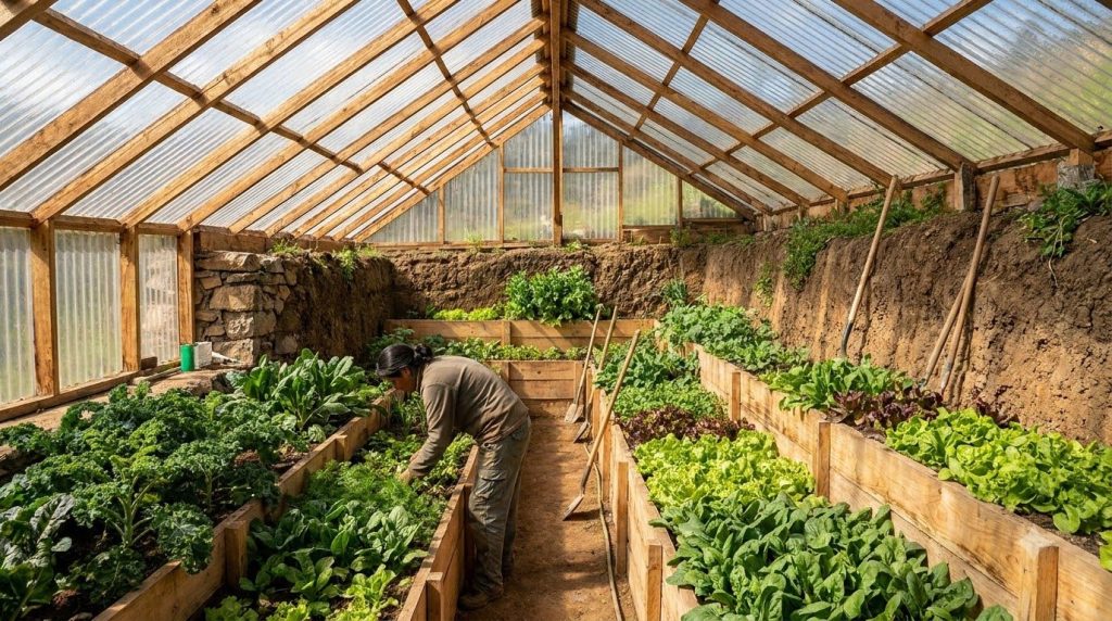 The interior of a thriving Walipini greenhouse Rows of lush green vegetables and herbs are growing in raised beds illumi