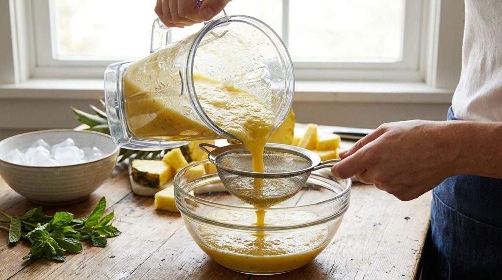 A hand pouring blended pineapple and mint mixture through a fine-mesh sieve into a bowl