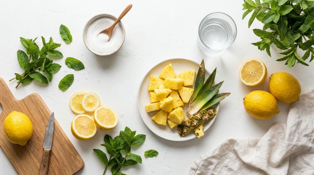 Ingredients for pineapple mint lemonade including fresh pineapple lemons mint sugar and water