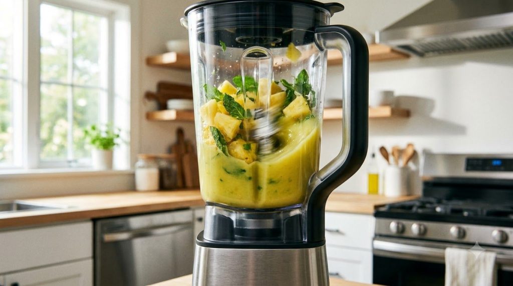 Pineapple chunks and mint leaves being blended in a blender