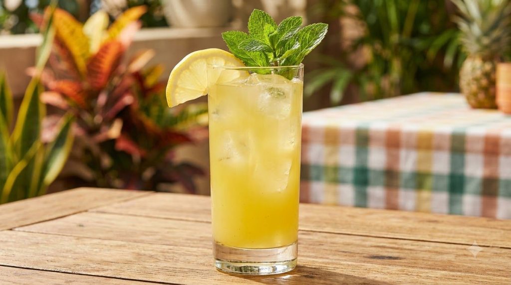 A glass of pineapple mint lemonade with ice a lemon slice and a sprig of fresh mint