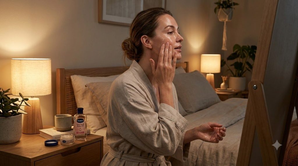A woman gently applying a thin layer of the Vaseline and baby oil mixture to her clean face before bed showing a soft mo