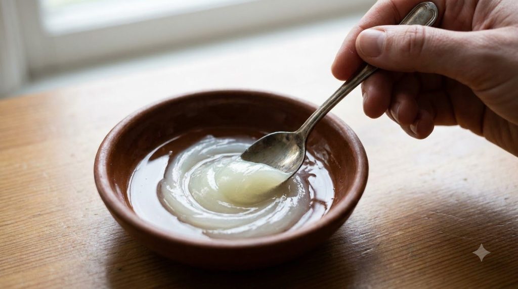 A close-up shot of a small bowl where Vaseline and baby oil are being gently mixed with a small spoon creating a smooth 