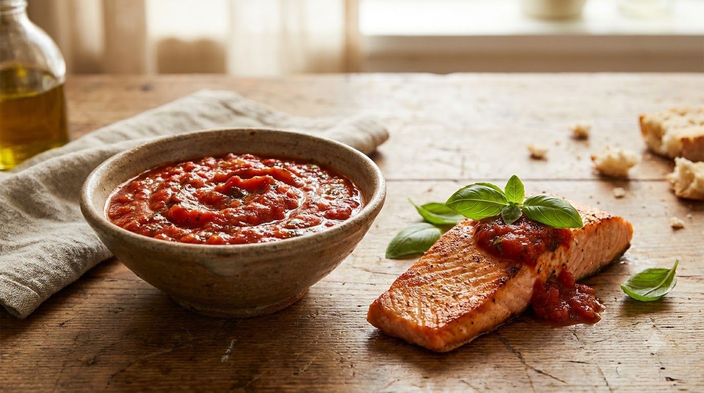 A vibrant red tomato-basil sauce in a rustic bowl next to a salmon fillet topped with the sauce and fresh basil leaves