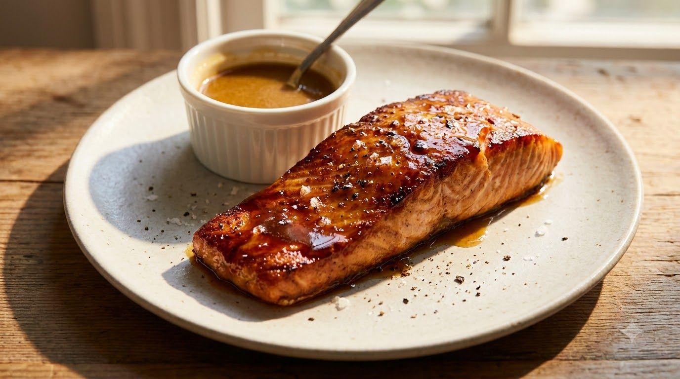 A glossy rich brown maple-dijon glazed salmon fillet on a plate with a small bowl of the glaze beside it