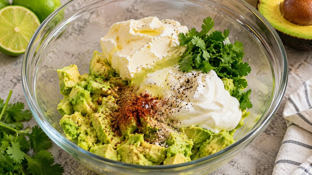 All dip ingredients including mashed avocado cream cheese and seasonings combined in a large mixing bowl