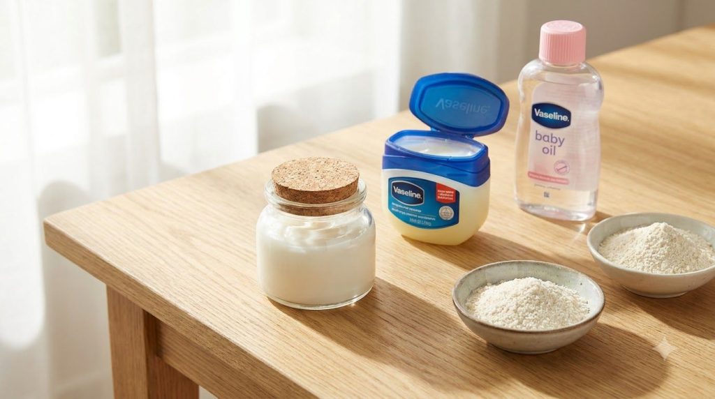 A small clean glass jar filled with a creamy white night gel with the three ingredients Vaseline baby oil and rice powde