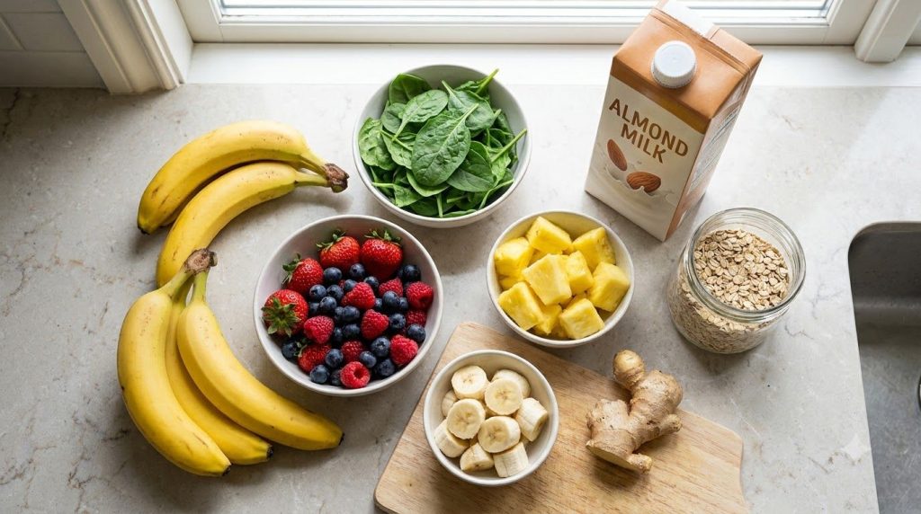 A top-down view of various fresh ingredients for different banana smoothies laid out on a kitchen counter bananas spinac