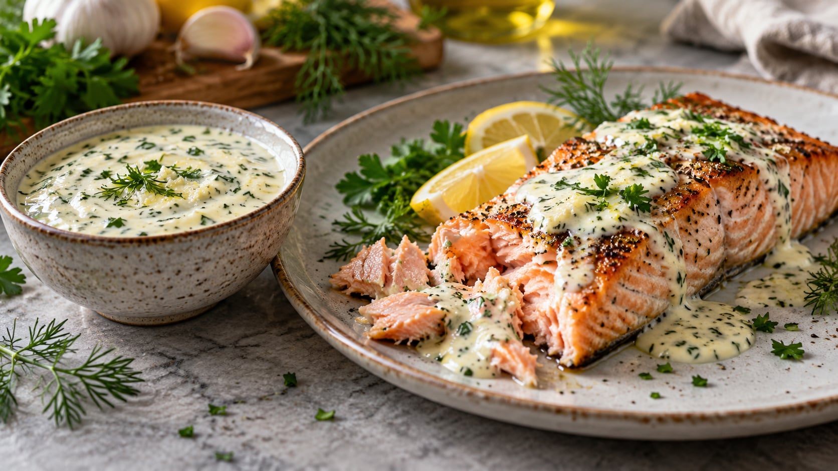 A bowl of creamy white garlic-herb sauce with chopped fresh herbs alongside a salmon fillet coated with the sauce
