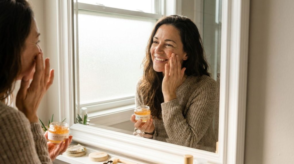 A woman gently applying a homemade gel to her face with her fingertips looking at her reflection in a mirror Her skin ap