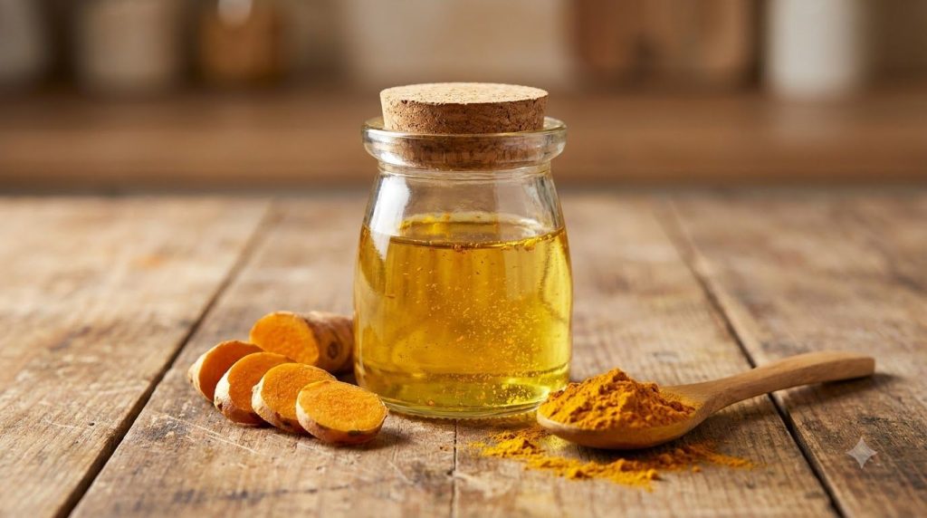 A small glass jar containing baby oil infused with turmeric powder with turmeric root and powder scattered around it