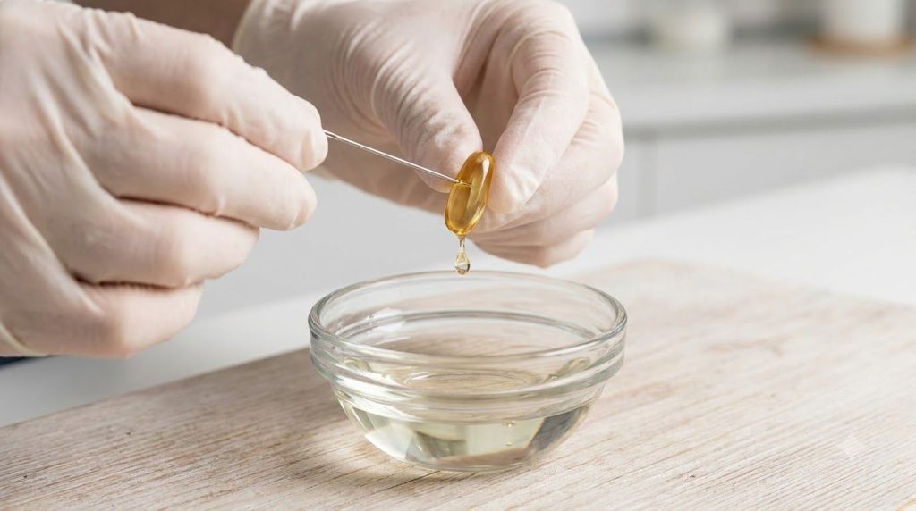 Close-up of hands puncturing a Vitamin E capsule over a small bowl of baby oil