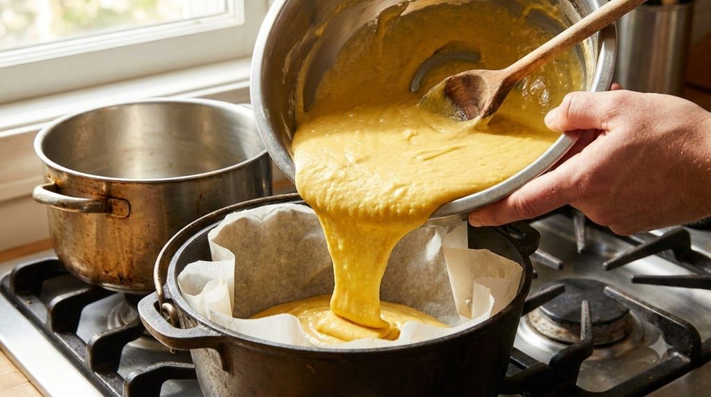 A close-up of cake batter being poured into a parchment-lined pot on a stovetop ready for cooking