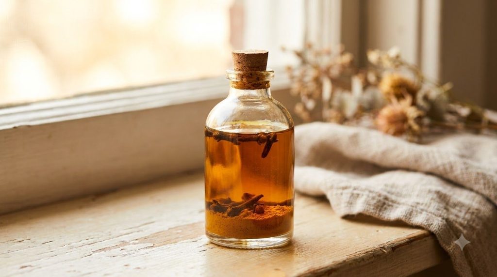 A small glass bottle filled with golden-tinted oil containing cloves and a slight turmeric sediment at the bottom agains