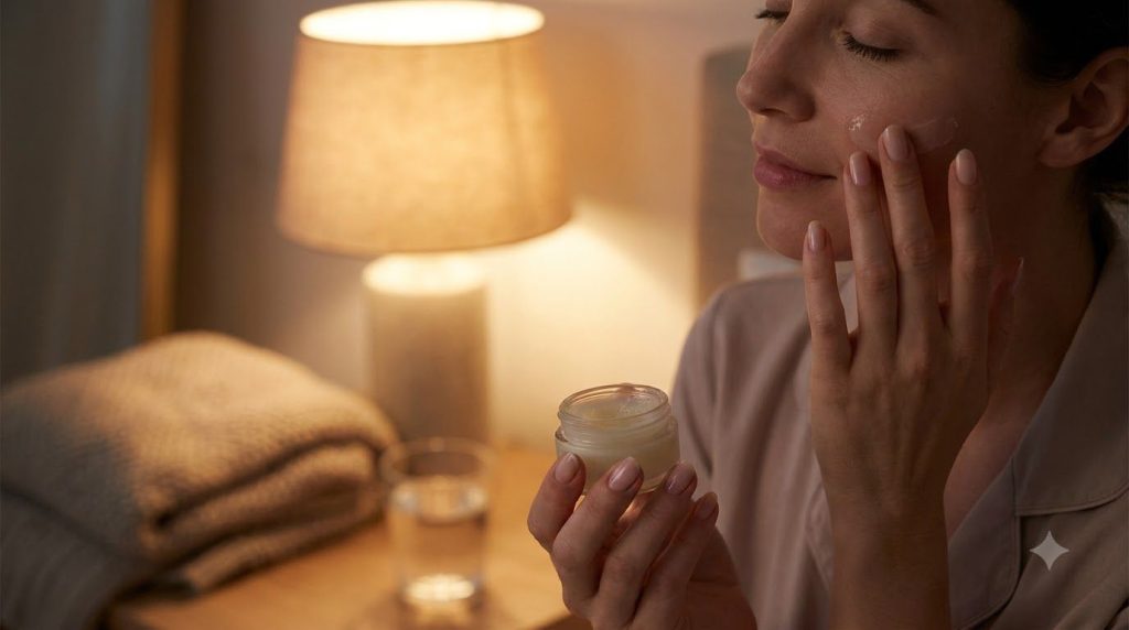 A woman s hands gently massaging a small amount of the Vaseline beauty balm onto her clean face before bedtime with a so