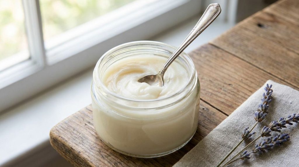 Close-up of a small glass jar filled with the freshly mixed Vaseline Vitamin E and almond oil balm A tiny spoon or spatu