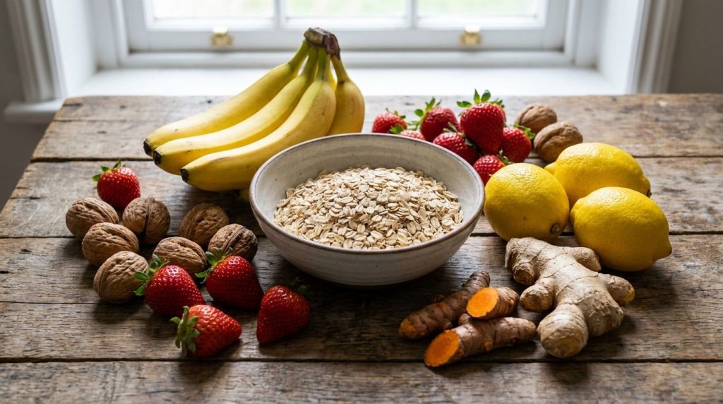 A variety of nutritious foods such as bananas oats strawberries walnuts lemons ginger and turmeric arranged aestheticall