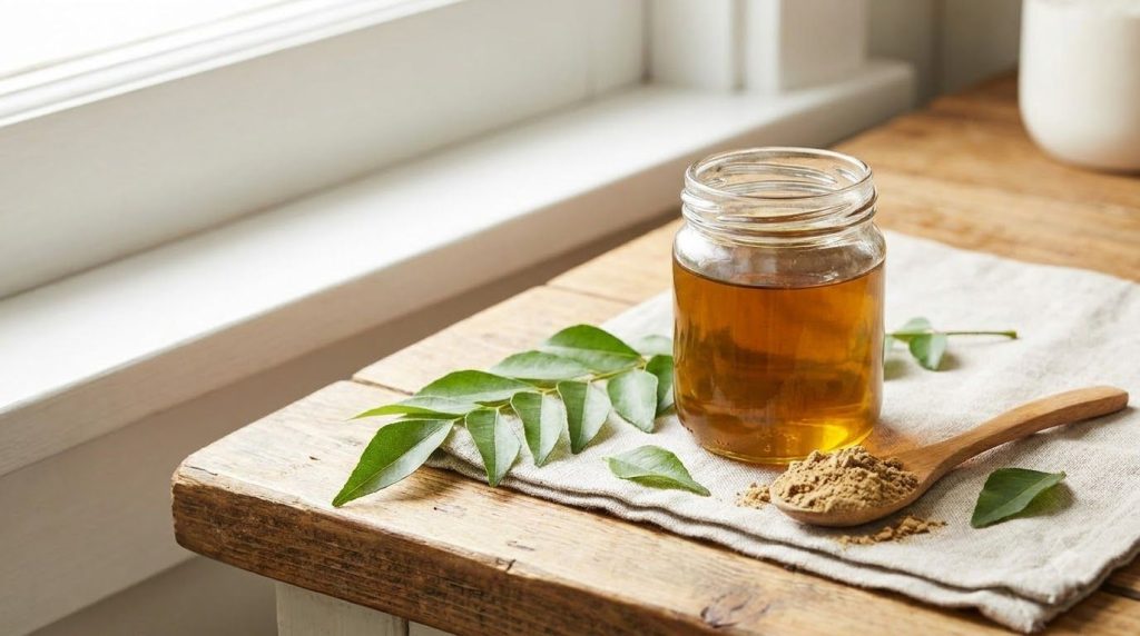 A small glass jar of homemade hair oil with fresh curry leaves and amla powder nearby showcasing the finished product