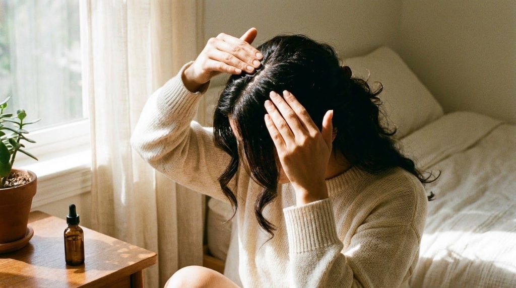 A woman gently massaging the prepared hair oil into her scalp focusing on the roots of her hair