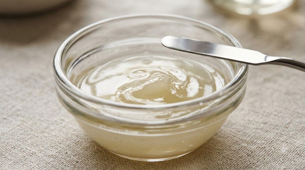 A small glass bowl containing a smooth shiny mixture of petroleum jelly and baby oil with a clean spatula resting on the