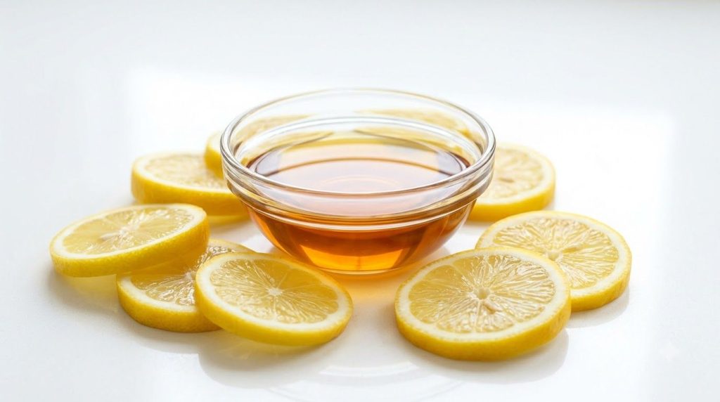 A small bowl with Johnson s baby oil with a few slices of fresh lemon next to it highlighting the citrus ingredient