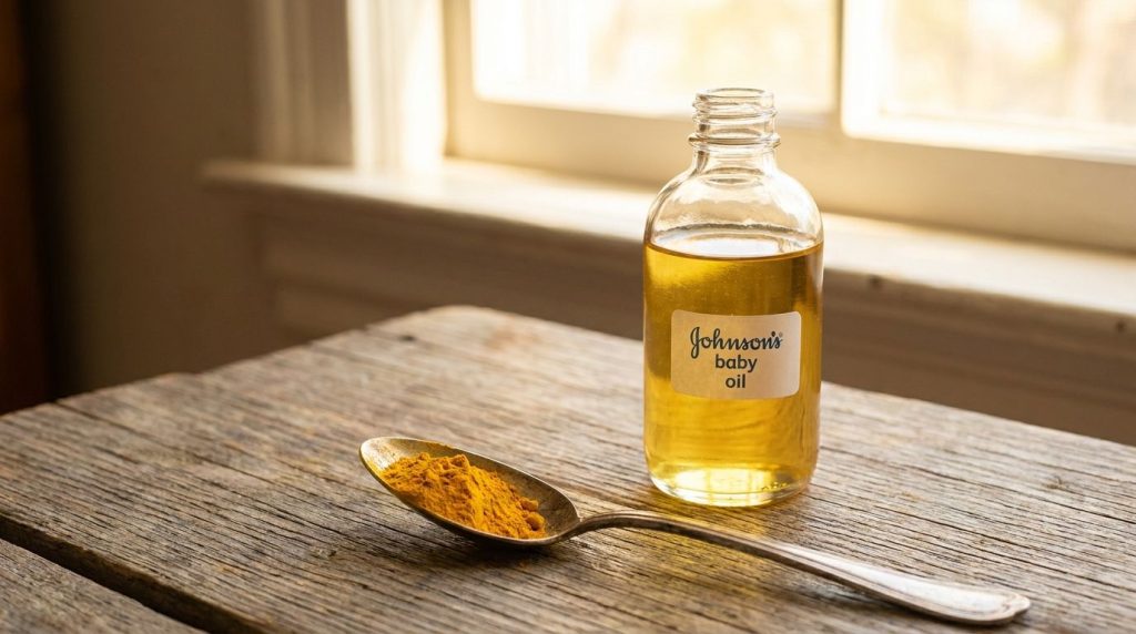 A small container of Johnson s baby oil with a small spoon of turmeric powder indicating the ingredients for the golden 