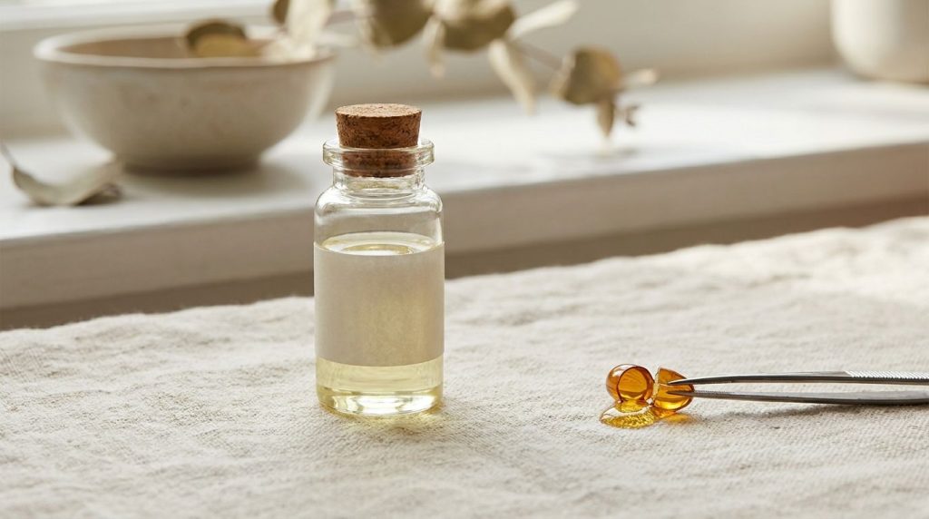 A small clear container with Johnson s baby oil next to an open Vitamin E capsule emphasizing the ingredients for the DI