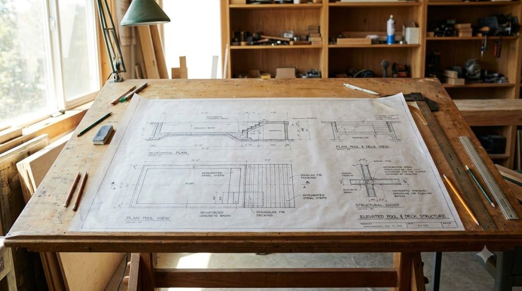 A schematic drawing or blueprint of an elevated pool design showing dimensions materials and steps